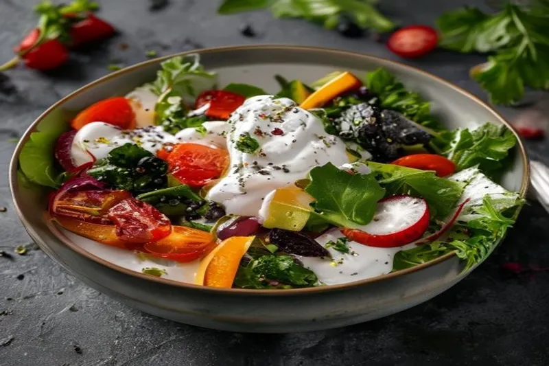 Healthy Fresh Vegetable Salad Bowl with Sour Yogurt Dressing Recipe