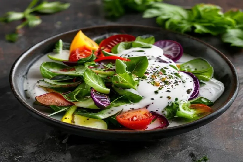 Healthy Fresh Vegetable Salad Bowl with Sour Yogurt Dressing Recipe — photo 2