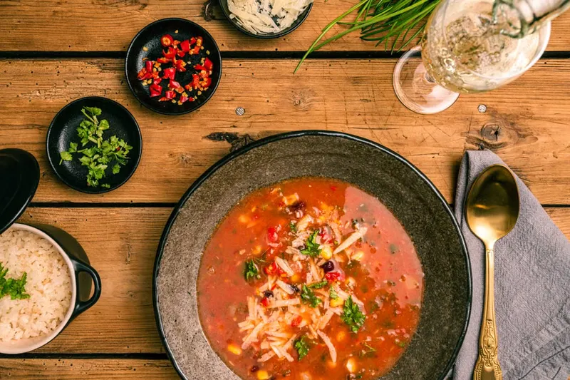 Mexican Fiesta Soup With Roasted Tomatillo Pesto Recipe
