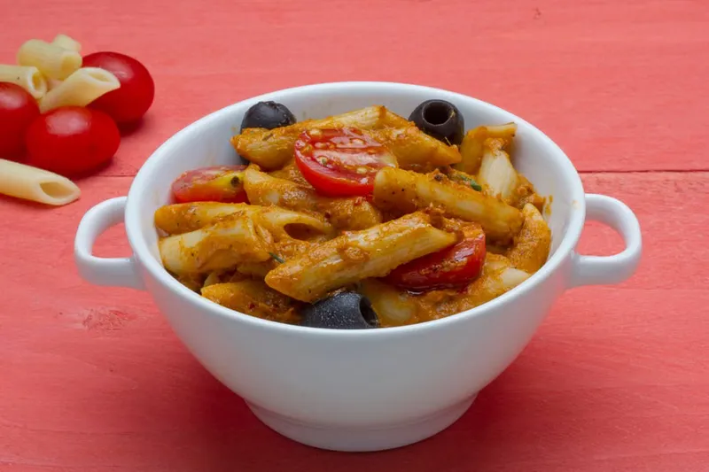 Penne Pasta Recipe In Roasted Carrot Sauce & Olives