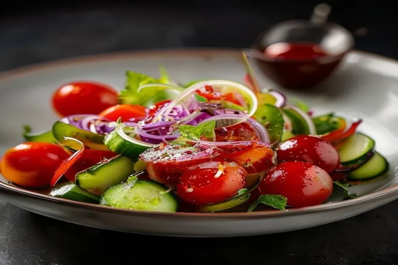 Cherry Tomato, Cucumber, Onion Salad in Red Wine Vinaigrette Dressing Recipe