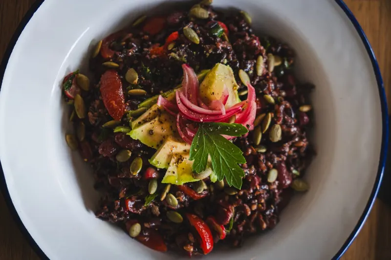 Spicy Peanut, Black Rice Salad With Mango, Grapes And Avocado Recipe