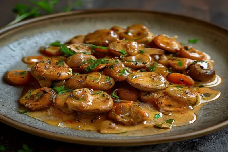 Mushroom Pasanda Recipe (Butter Fried Mushrooms in Tomato Almonds and Cream Gravy)